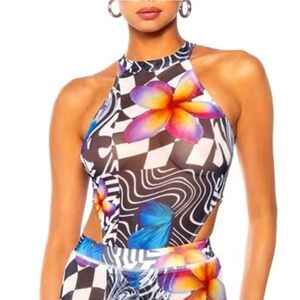 Women’ AKIRA ‘In the wild’ Abstract Orchid hi-Mock-neck Mesh Sleeveless Bodysuit
